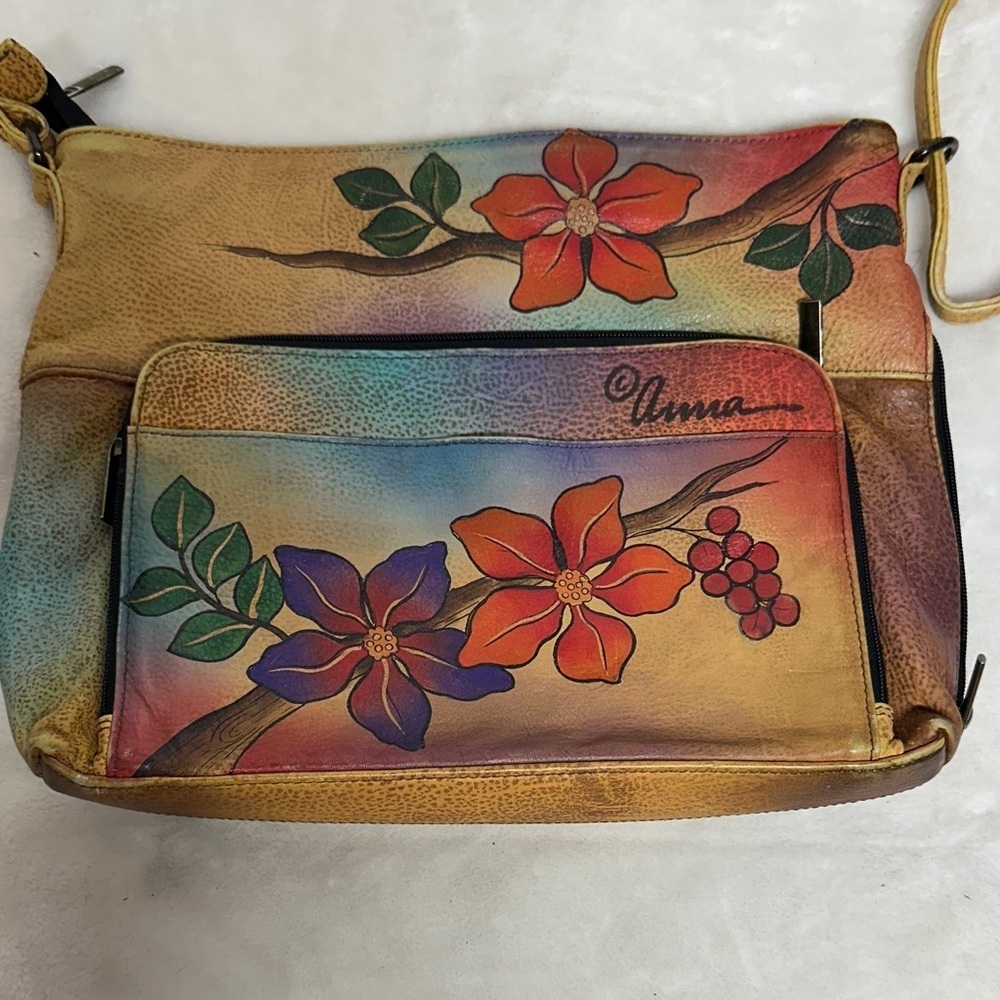 Anna Hand Painted Leather Crossbody Messenger Flap Bag with built in wallet like - Picture 2 of 16